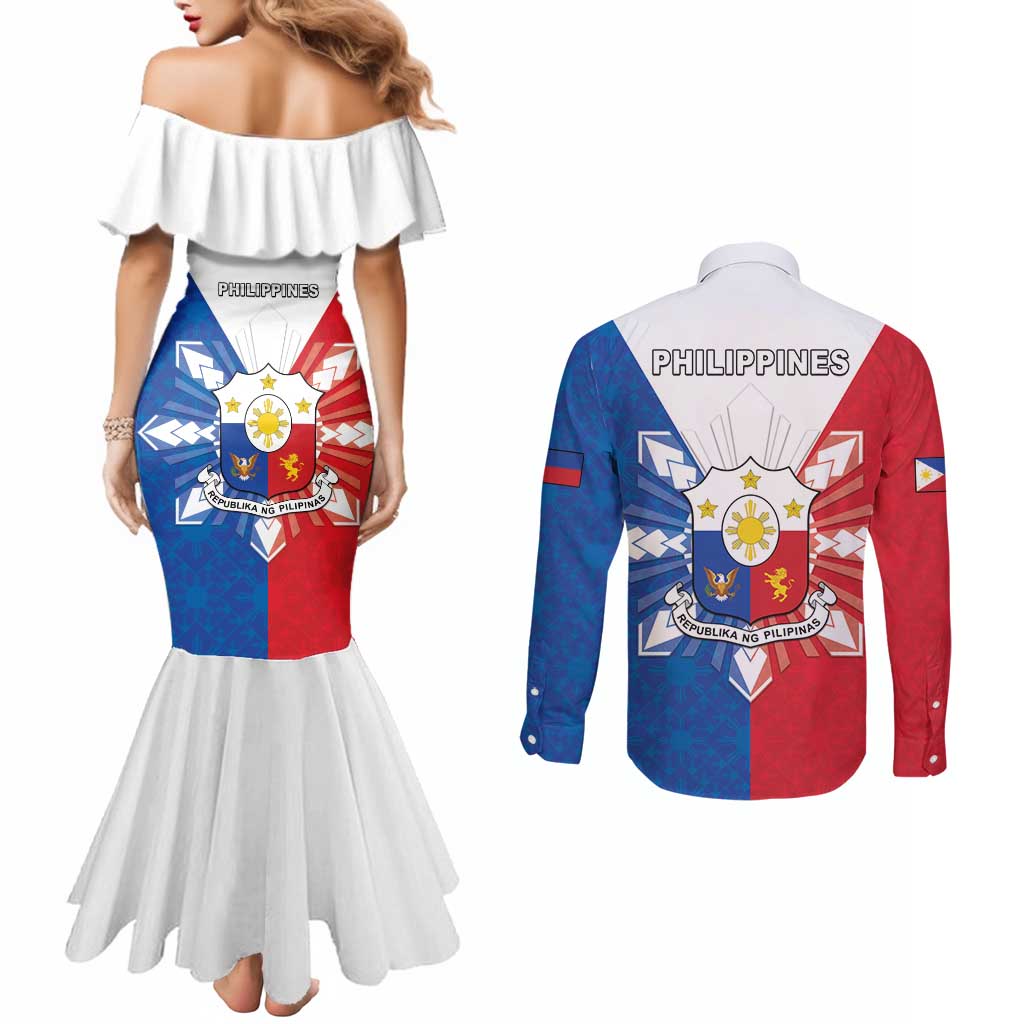 Philippines Filipinos Couples Matching Mermaid Dress and Long Sleeve Button Shirt Jose Rizal Flag Style