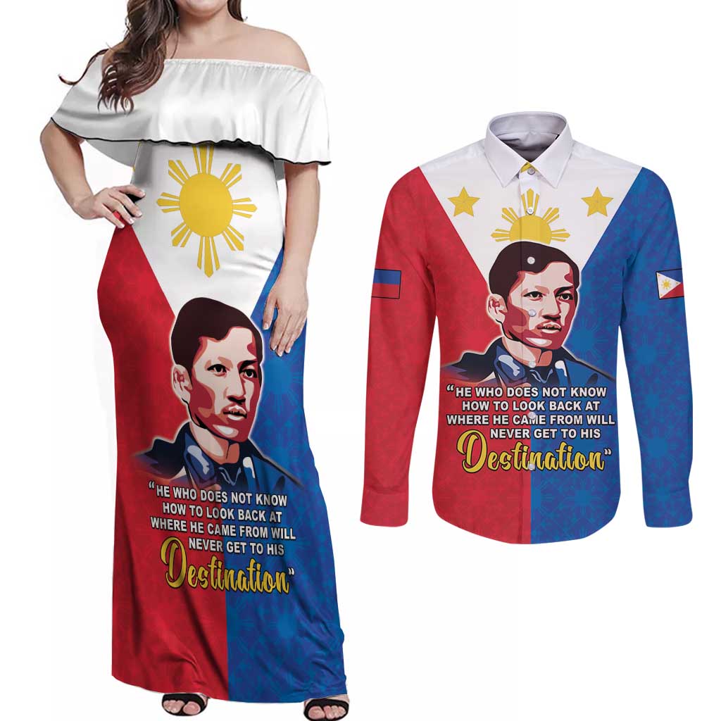 Philippines Filipinos Couples Matching Off Shoulder Maxi Dress and Long Sleeve Button Shirt Jose Rizal Flag Style