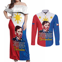 Philippines Filipinos Couples Matching Off Shoulder Maxi Dress and Long Sleeve Button Shirt Jose Rizal Flag Style