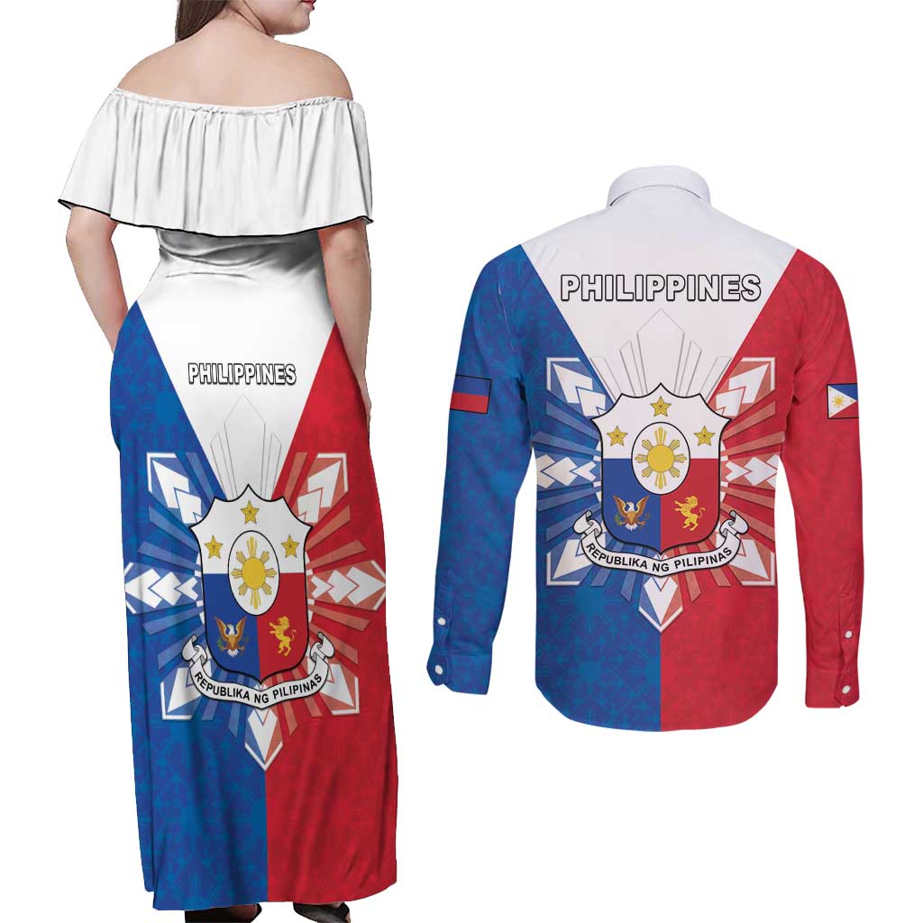 Philippines Filipinos Couples Matching Off Shoulder Maxi Dress and Long Sleeve Button Shirt Jose Rizal Flag Style