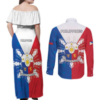 Philippines Filipinos Couples Matching Off Shoulder Maxi Dress and Long Sleeve Button Shirt Jose Rizal Flag Style