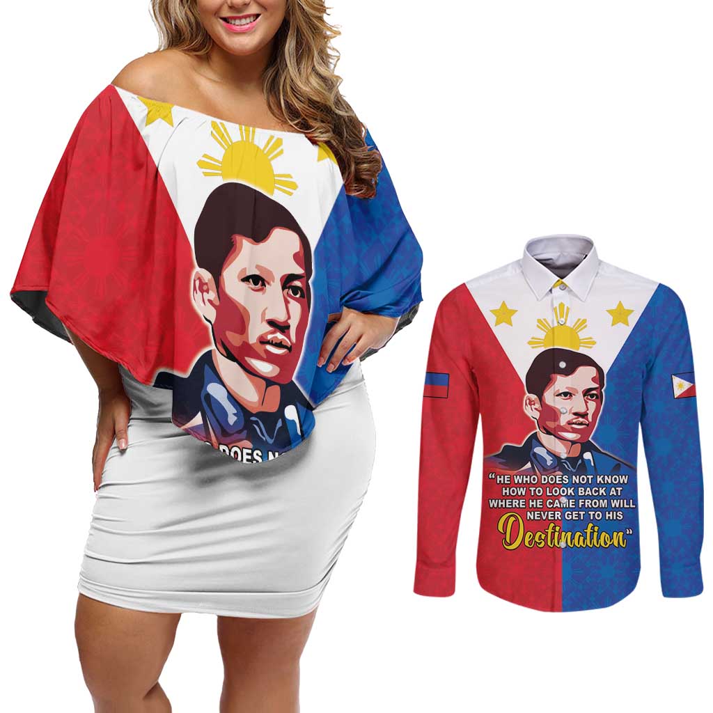 Philippines Filipinos Couples Matching Off Shoulder Short Dress and Long Sleeve Button Shirt Jose Rizal Flag Style