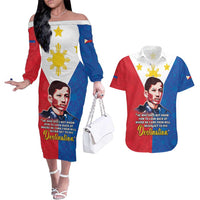 Philippines Filipinos Couples Matching Off The Shoulder Long Sleeve Dress and Hawaiian Shirt Jose Rizal Flag Style
