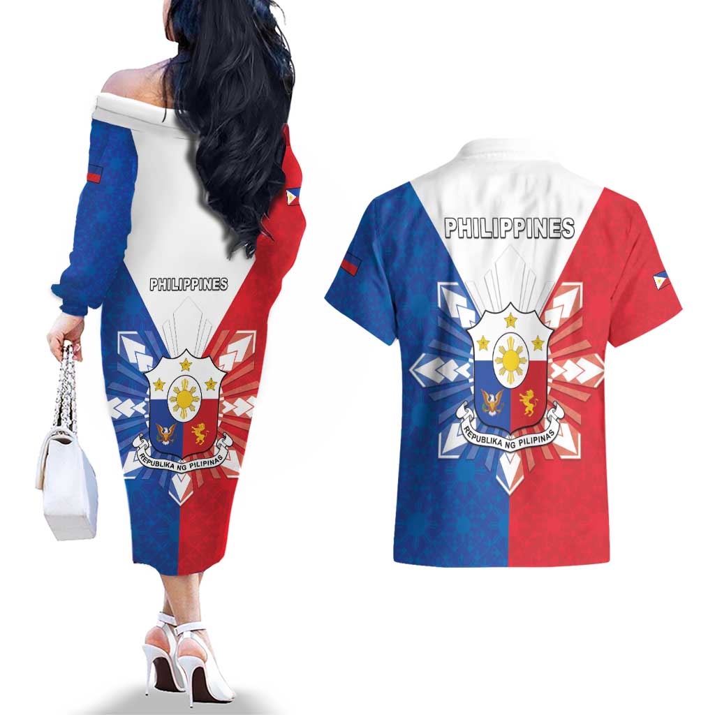 Philippines Filipinos Couples Matching Off The Shoulder Long Sleeve Dress and Hawaiian Shirt Jose Rizal Flag Style
