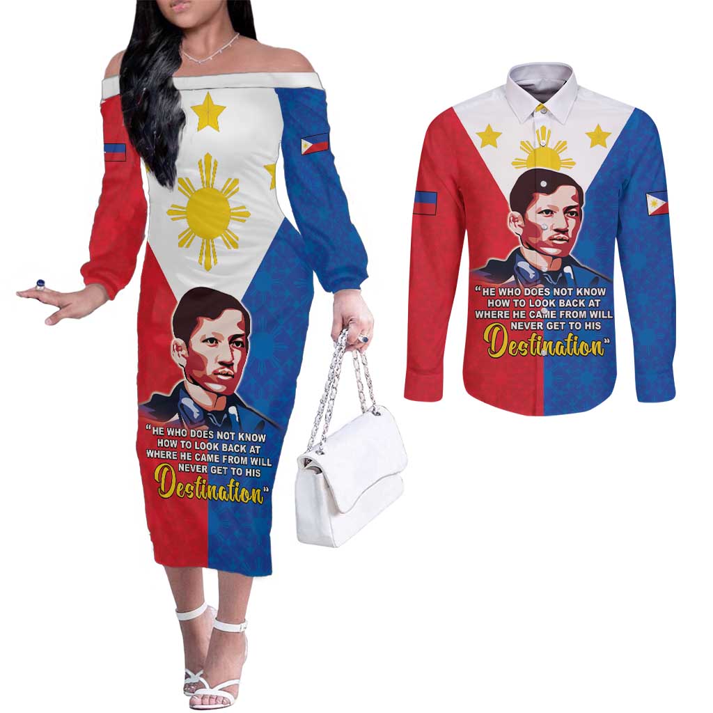 Philippines Filipinos Couples Matching Off The Shoulder Long Sleeve Dress and Long Sleeve Button Shirt Jose Rizal Flag Style