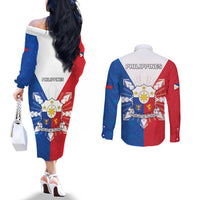 Philippines Filipinos Couples Matching Off The Shoulder Long Sleeve Dress and Long Sleeve Button Shirt Jose Rizal Flag Style