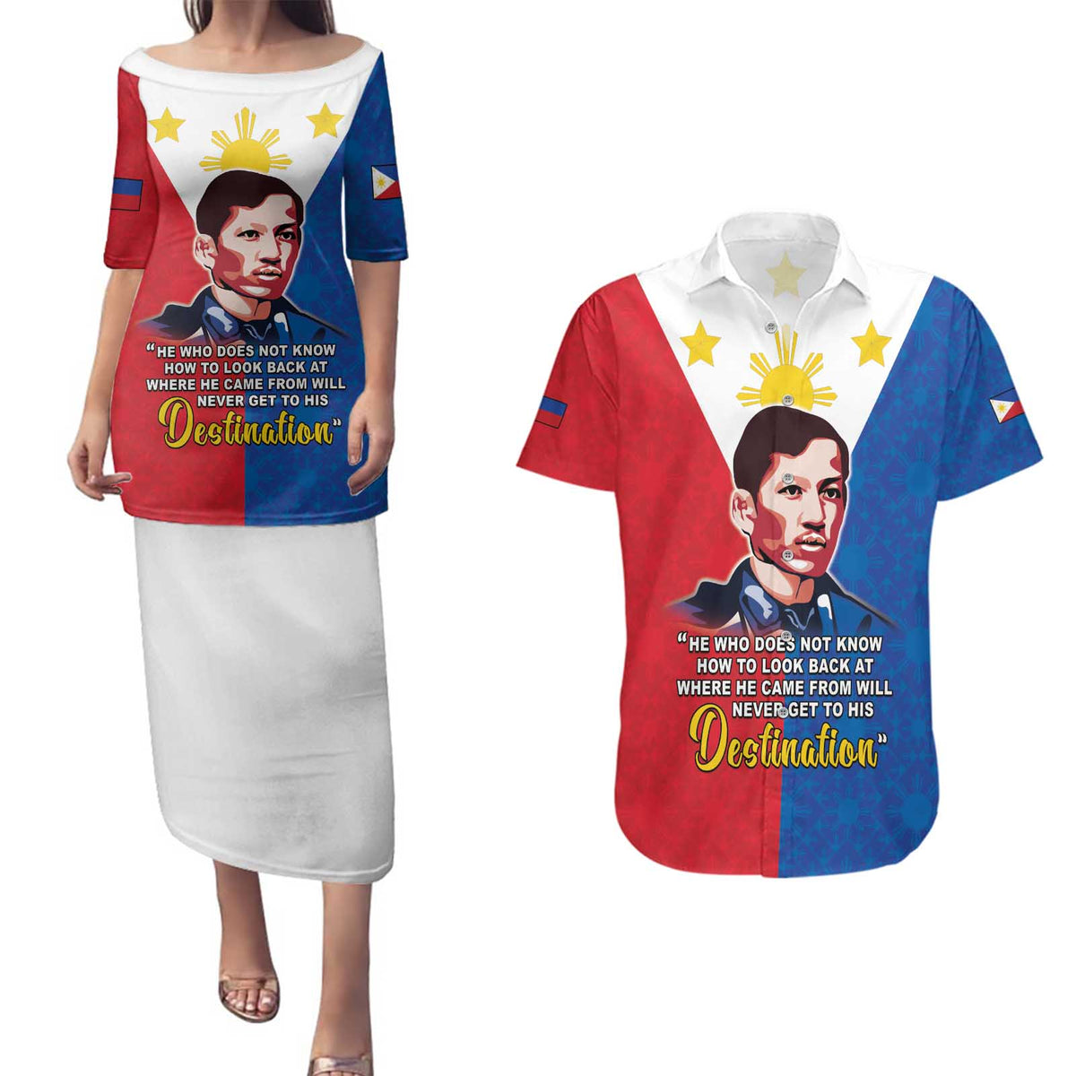 Philippines Filipinos Couples Matching Puletasi and Hawaiian Shirt Jose Rizal Flag Style
