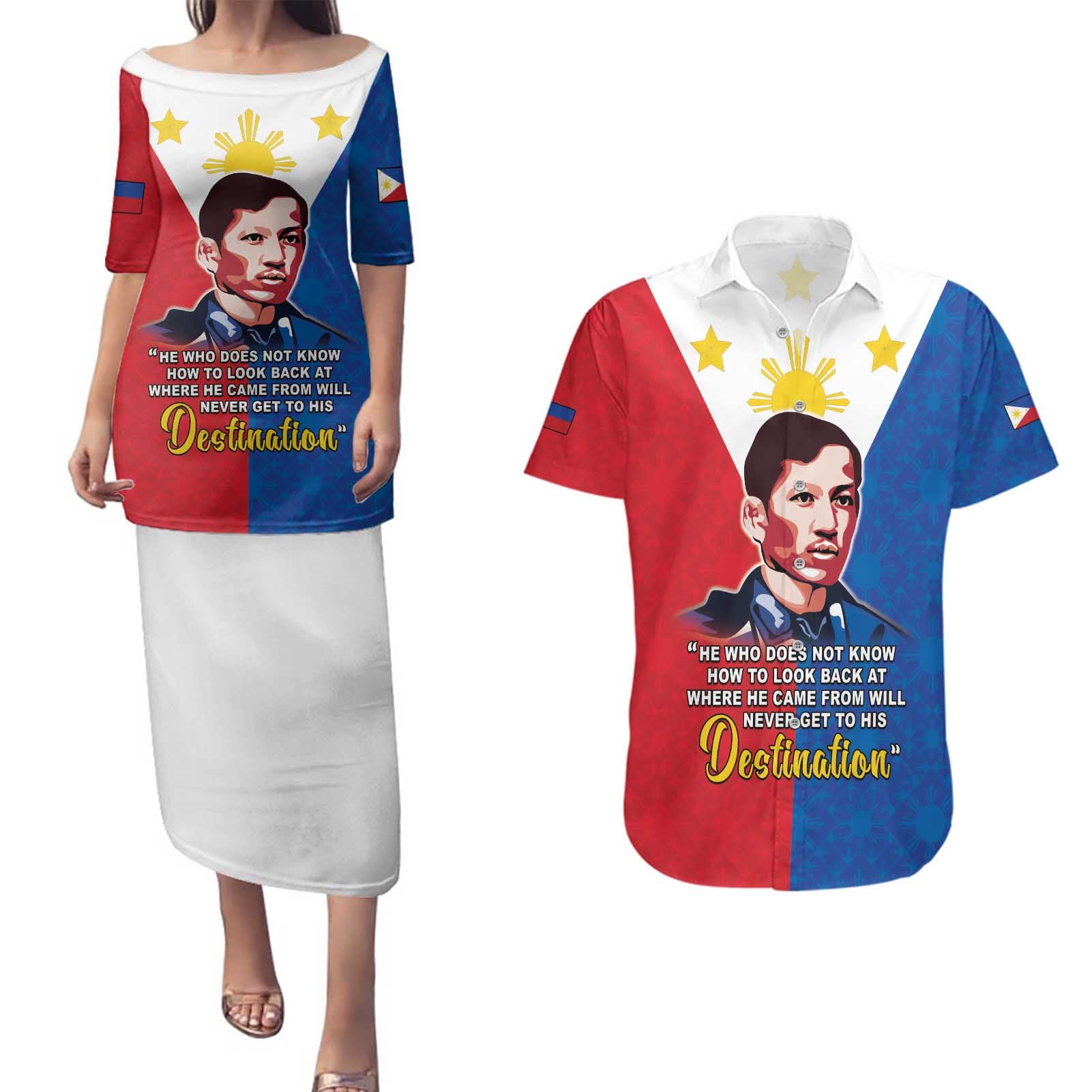 Philippines Filipinos Couples Matching Puletasi and Hawaiian Shirt Jose Rizal Flag Style