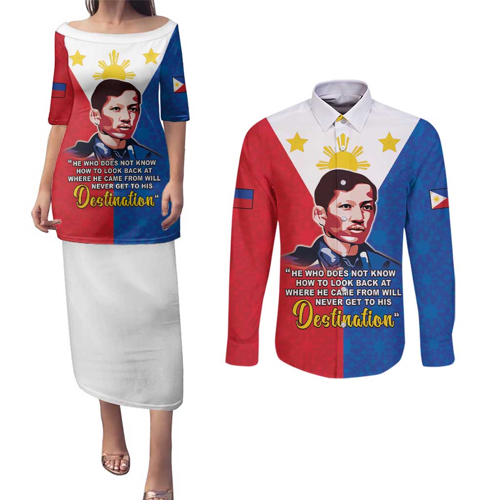 Philippines Filipinos Couples Matching Puletasi and Long Sleeve Button Shirt Jose Rizal Flag Style
