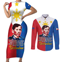 Philippines Filipinos Couples Matching Short Sleeve Bodycon Dress and Long Sleeve Button Shirt Jose Rizal Flag Style