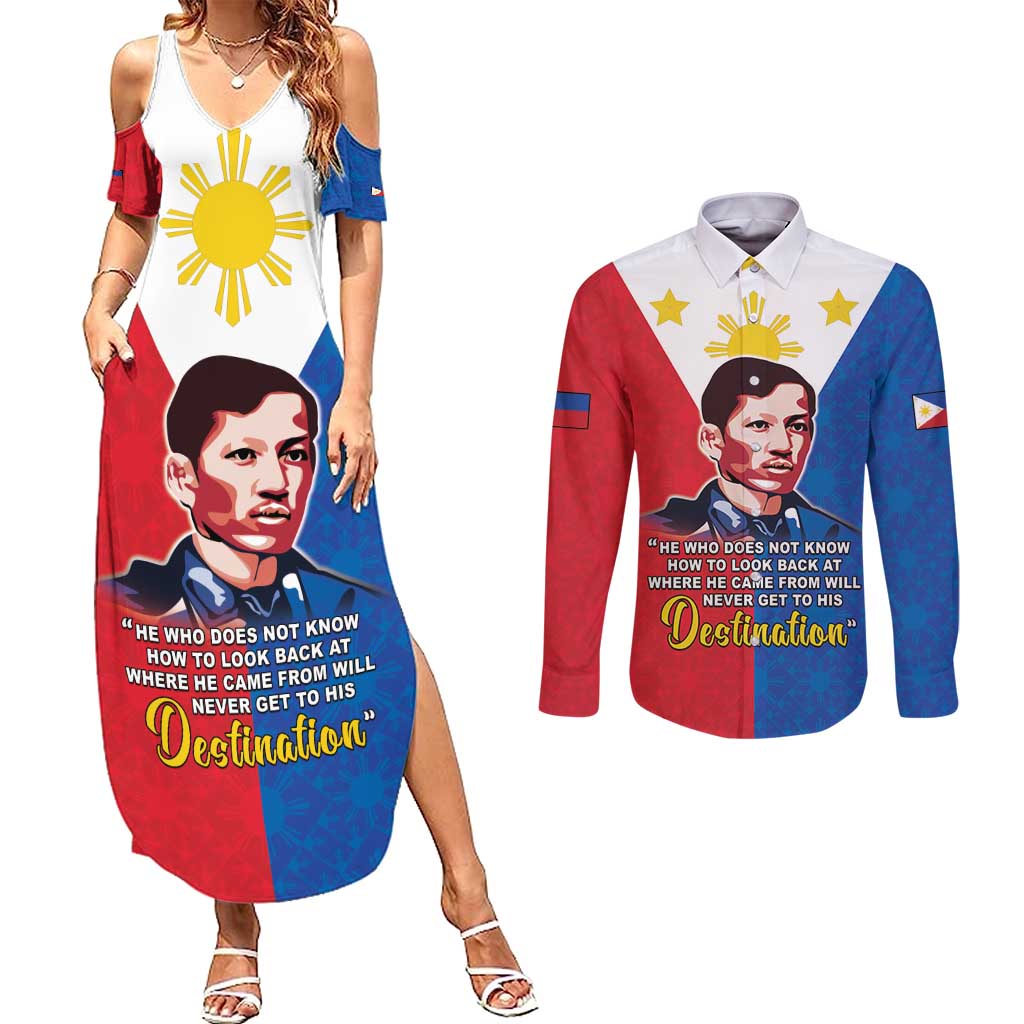 Philippines Filipinos Couples Matching Summer Maxi Dress and Long Sleeve Button Shirt Jose Rizal Flag Style