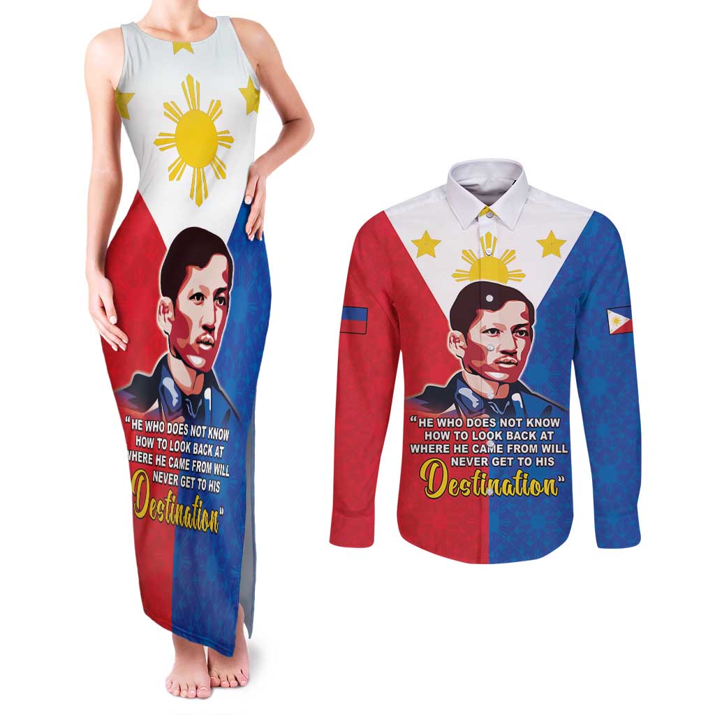 Philippines Filipinos Couples Matching Tank Maxi Dress and Long Sleeve Button Shirt Jose Rizal Flag Style