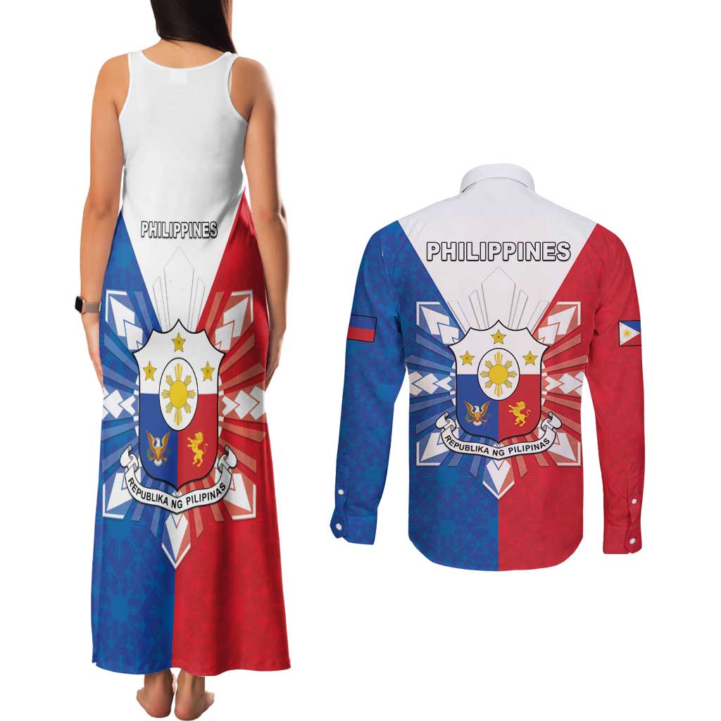 Philippines Filipinos Couples Matching Tank Maxi Dress and Long Sleeve Button Shirt Jose Rizal Flag Style