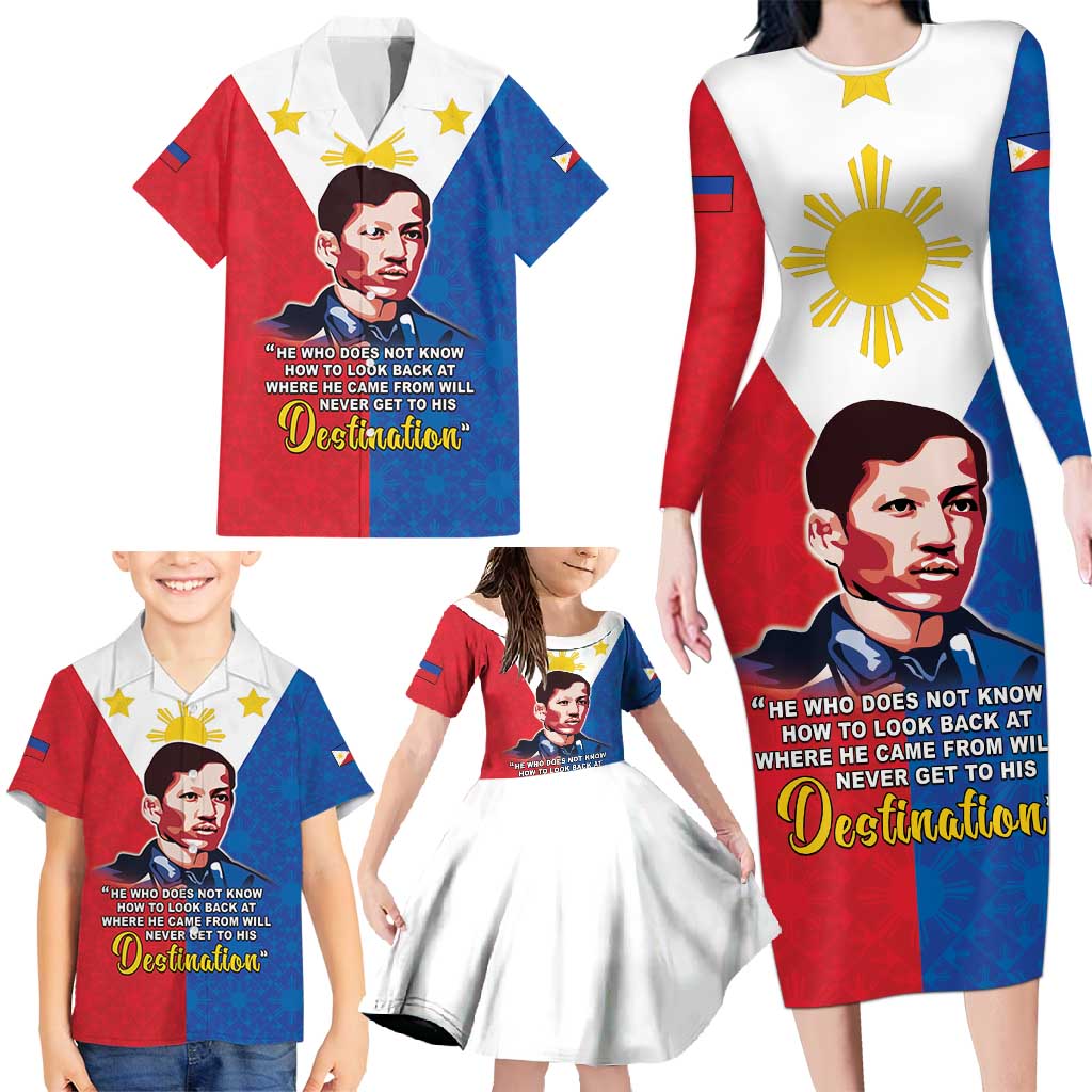 Philippines Filipinos Family Matching Long Sleeve Bodycon Dress and Hawaiian Shirt Jose Rizal Flag Style