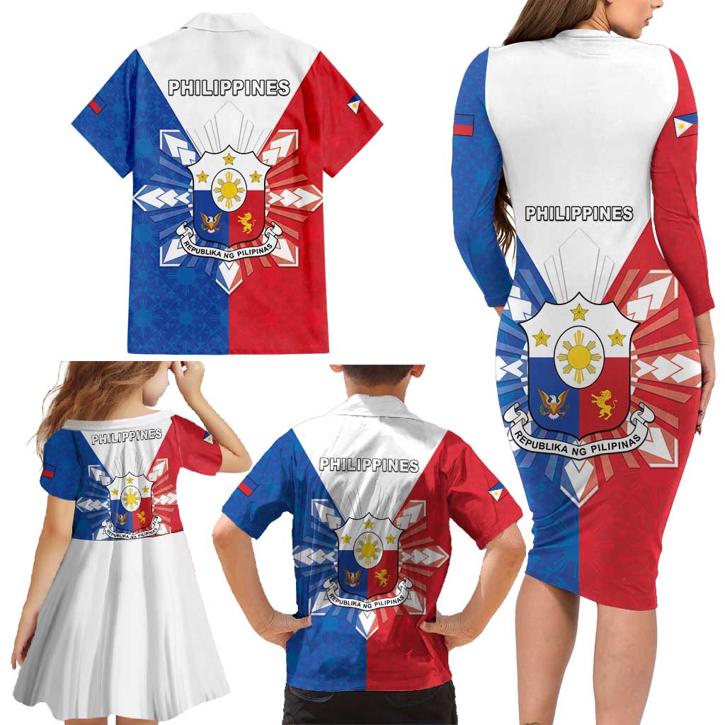 Philippines Filipinos Family Matching Long Sleeve Bodycon Dress and Hawaiian Shirt Jose Rizal Flag Style