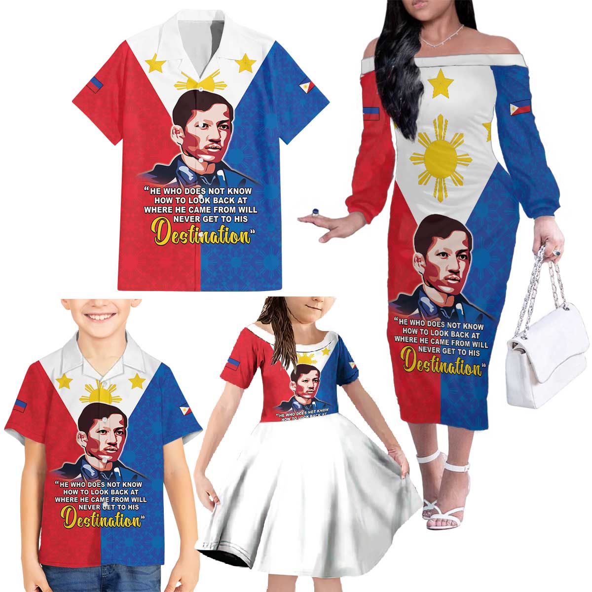 Philippines Filipinos Family Matching Off The Shoulder Long Sleeve Dress and Hawaiian Shirt Jose Rizal Flag Style