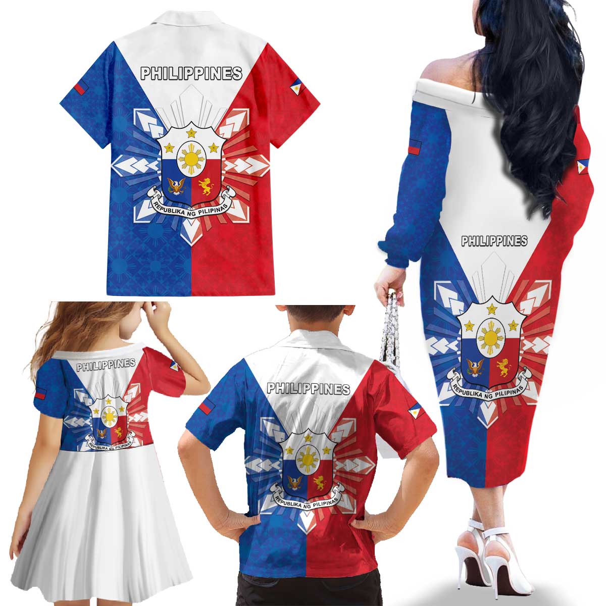 Philippines Filipinos Family Matching Off The Shoulder Long Sleeve Dress and Hawaiian Shirt Jose Rizal Flag Style