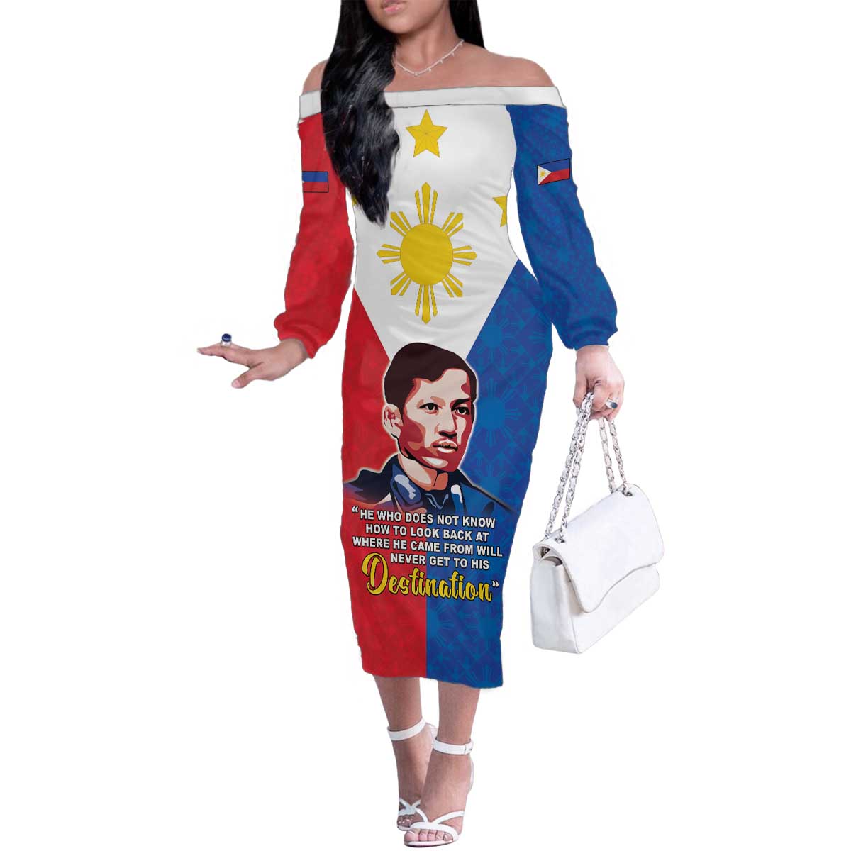 Philippines Filipinos Family Matching Off The Shoulder Long Sleeve Dress and Hawaiian Shirt Jose Rizal Flag Style
