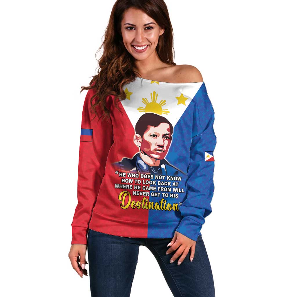 Philippines Filipinos Off Shoulder Sweater Jose Rizal Flag Style
