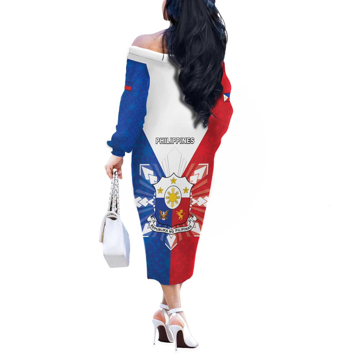 Philippines Filipinos Off The Shoulder Long Sleeve Dress Jose Rizal Flag Style