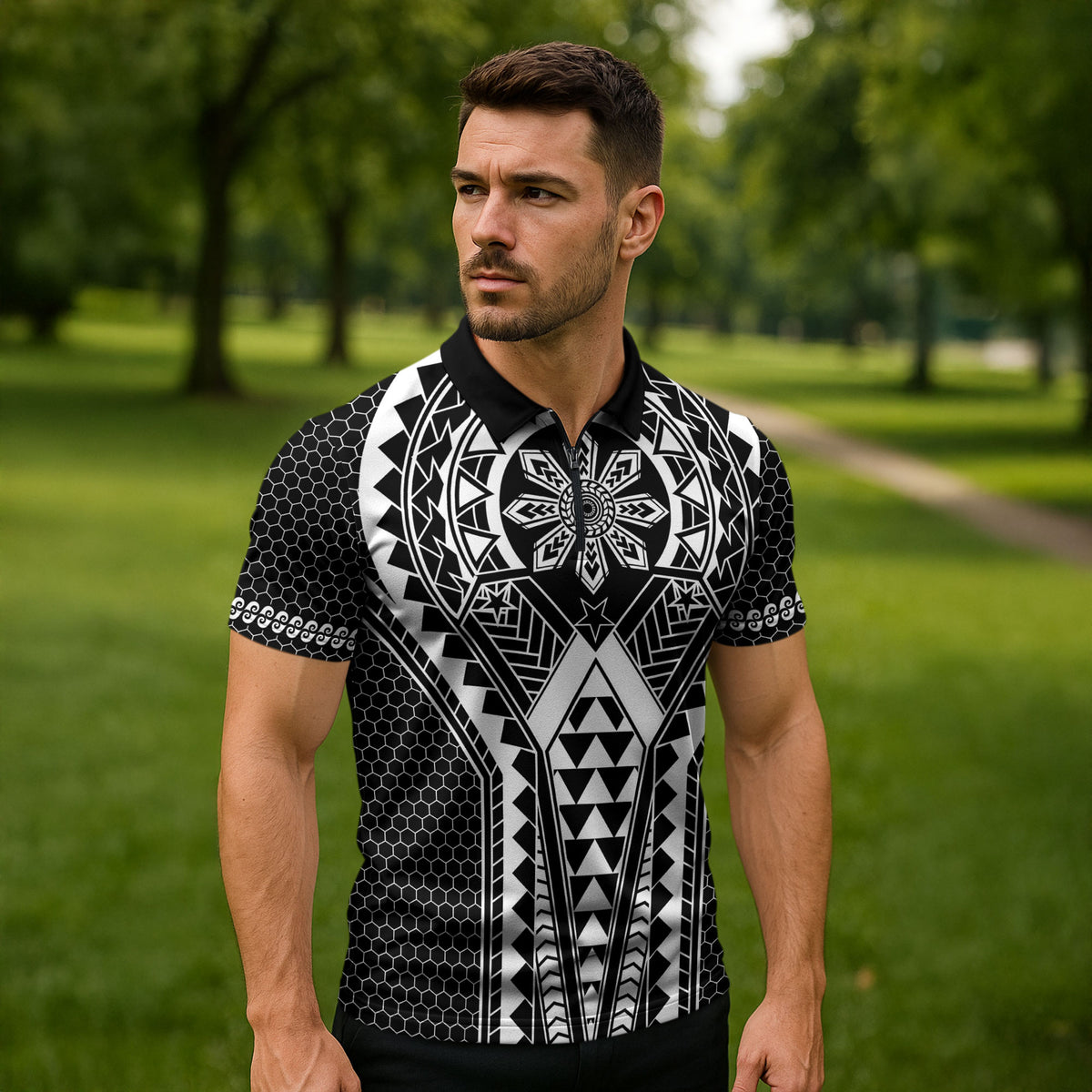 Philippines Batok Tribal Inspired Tattoo Black Zipper Polo Shirt