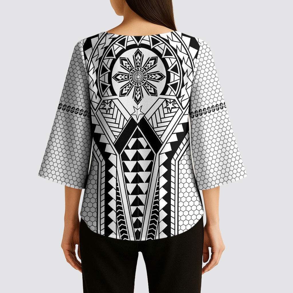 Philippines Batok Tribal Inspired Tattoo White Kimono Sleeve Blouse