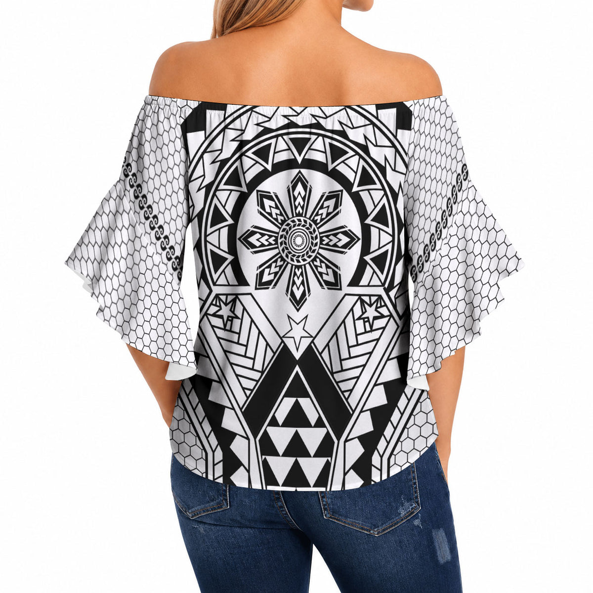 Philippines Batok Tribal Inspired Tattoo White Off Shoulder Wrap Waist Top