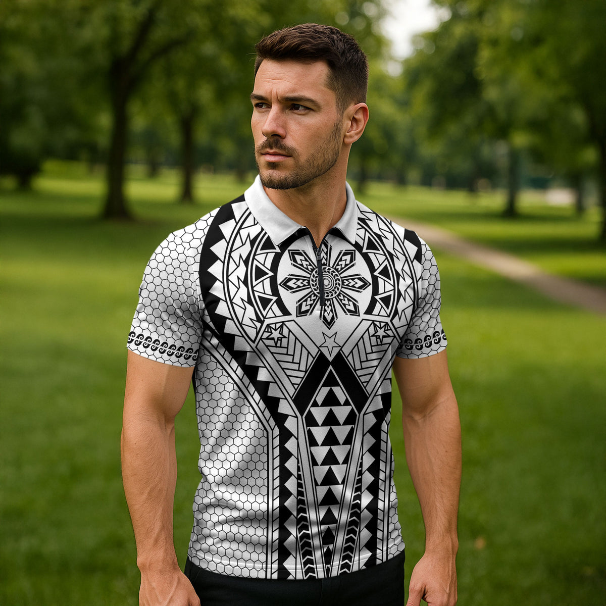 Philippines Batok Tribal Inspired Tattoo White Zipper Polo Shirt