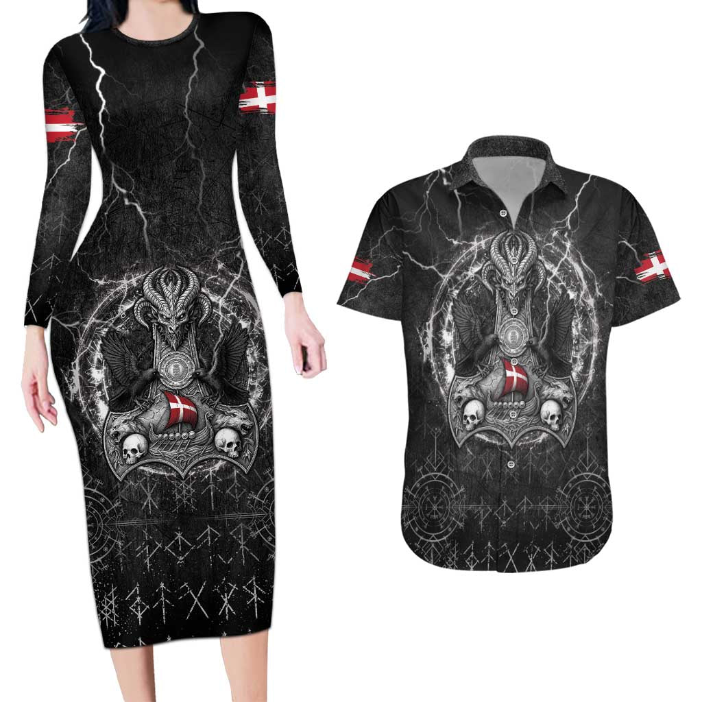 Personalized Denmark Viking Couples Matching Long Sleeve Bodycon Dress and Hawaiian Shirt Odin's Raven Legacy - Wonder Print Shop
