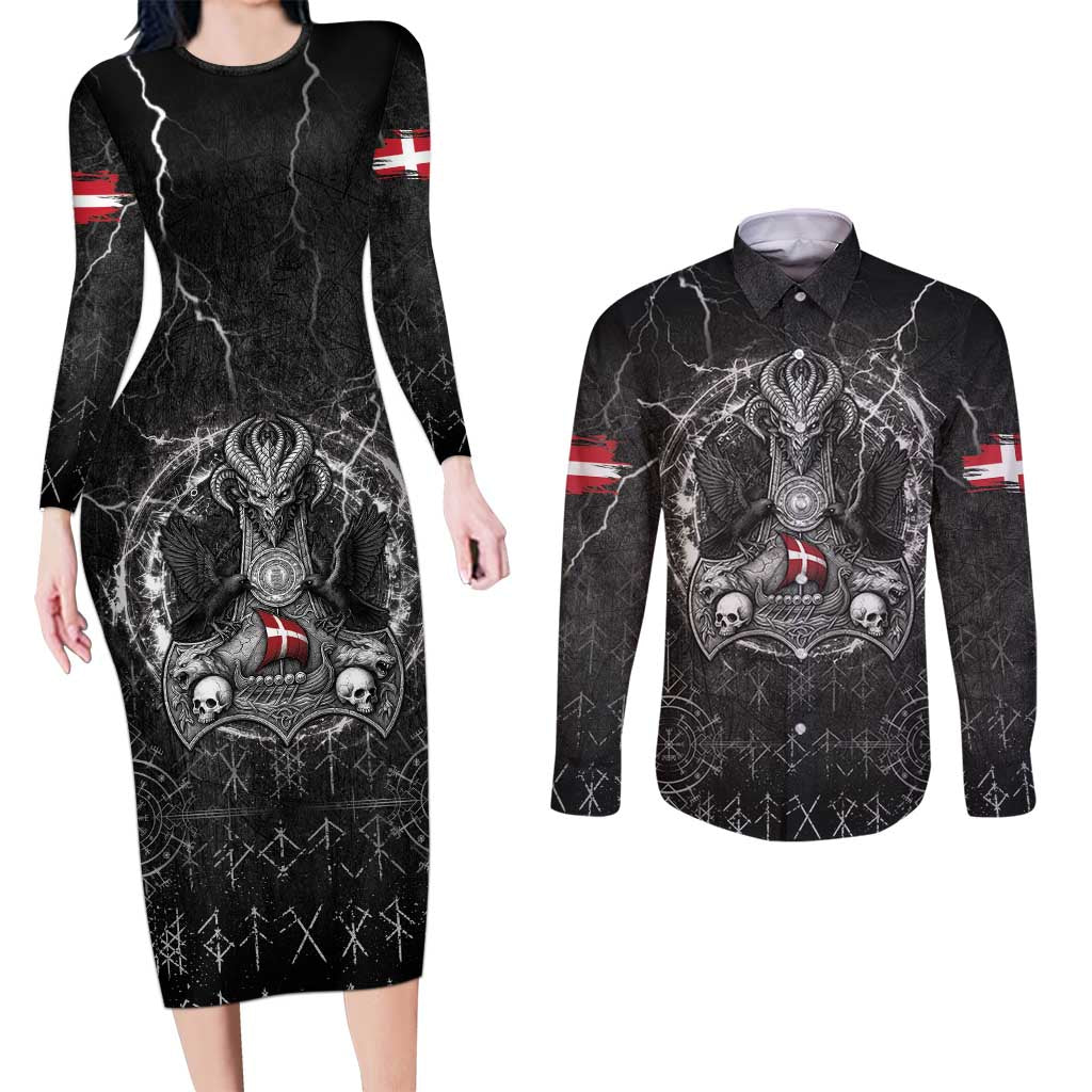 Personalized Denmark Viking Couples Matching Long Sleeve Bodycon Dress and Long Sleeve Button Shirt Odin's Raven Legacy - Wonder Print Shop