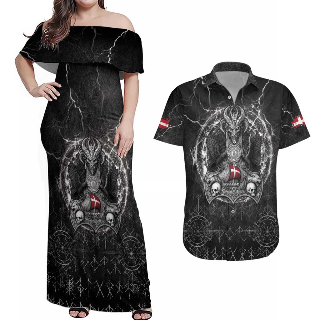 Personalized Denmark Viking Couples Matching Off Shoulder Maxi Dress and Hawaiian Shirt Odin's Raven Legacy - Wonder Print Shop