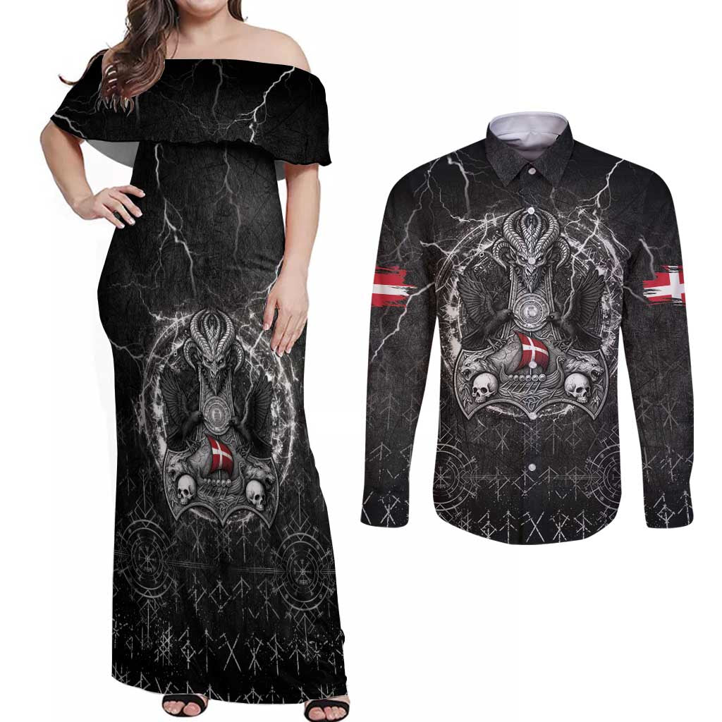 Personalized Denmark Viking Couples Matching Off Shoulder Maxi Dress and Long Sleeve Button Shirt Odin's Raven Legacy - Wonder Print Shop