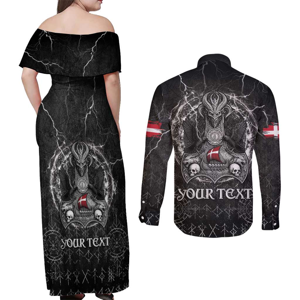 Personalized Denmark Viking Couples Matching Off Shoulder Maxi Dress and Long Sleeve Button Shirt Odin's Raven Legacy - Wonder Print Shop