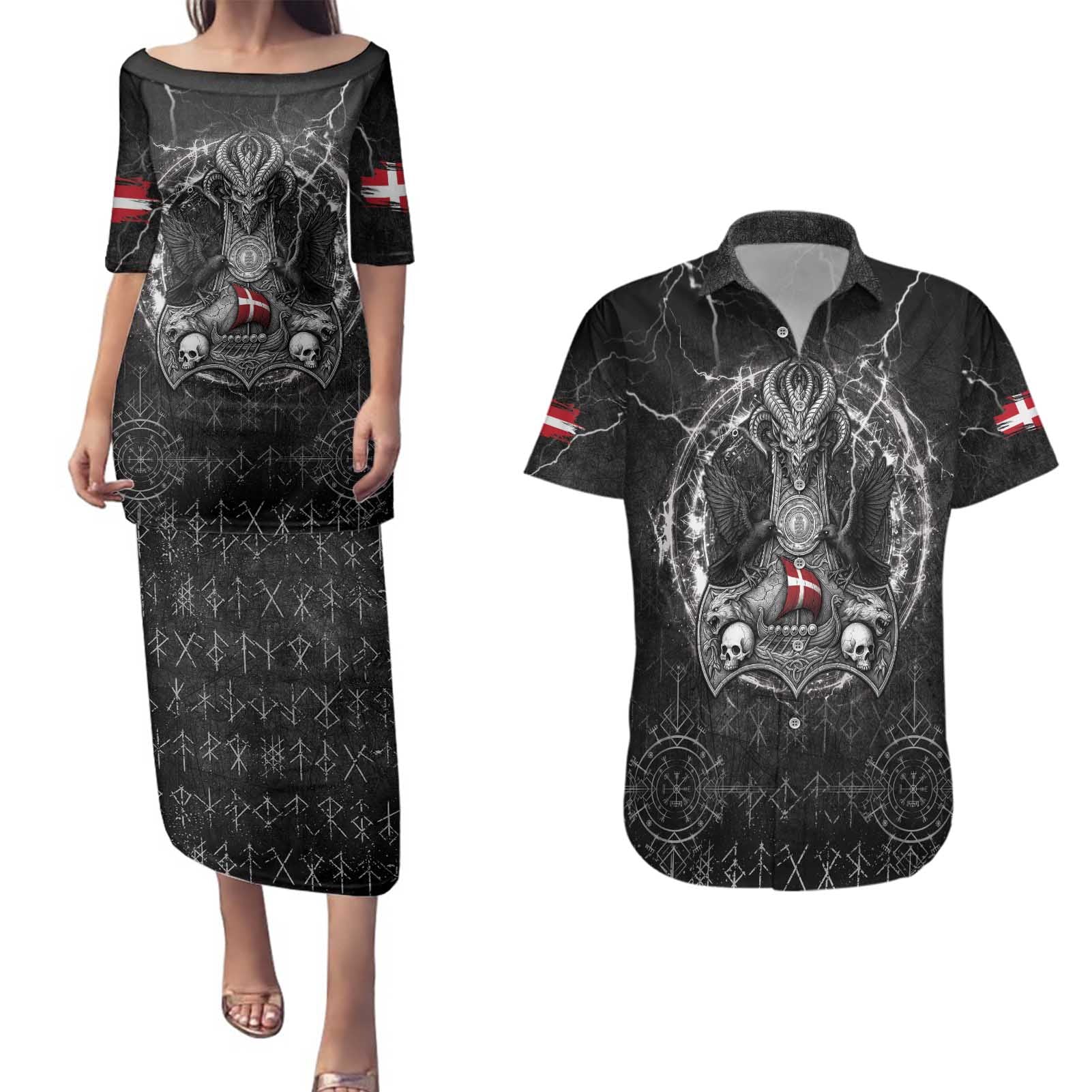 Personalized Denmark Viking Couples Matching Puletasi and Hawaiian Shirt Odin's Raven Legacy - Wonder Print Shop