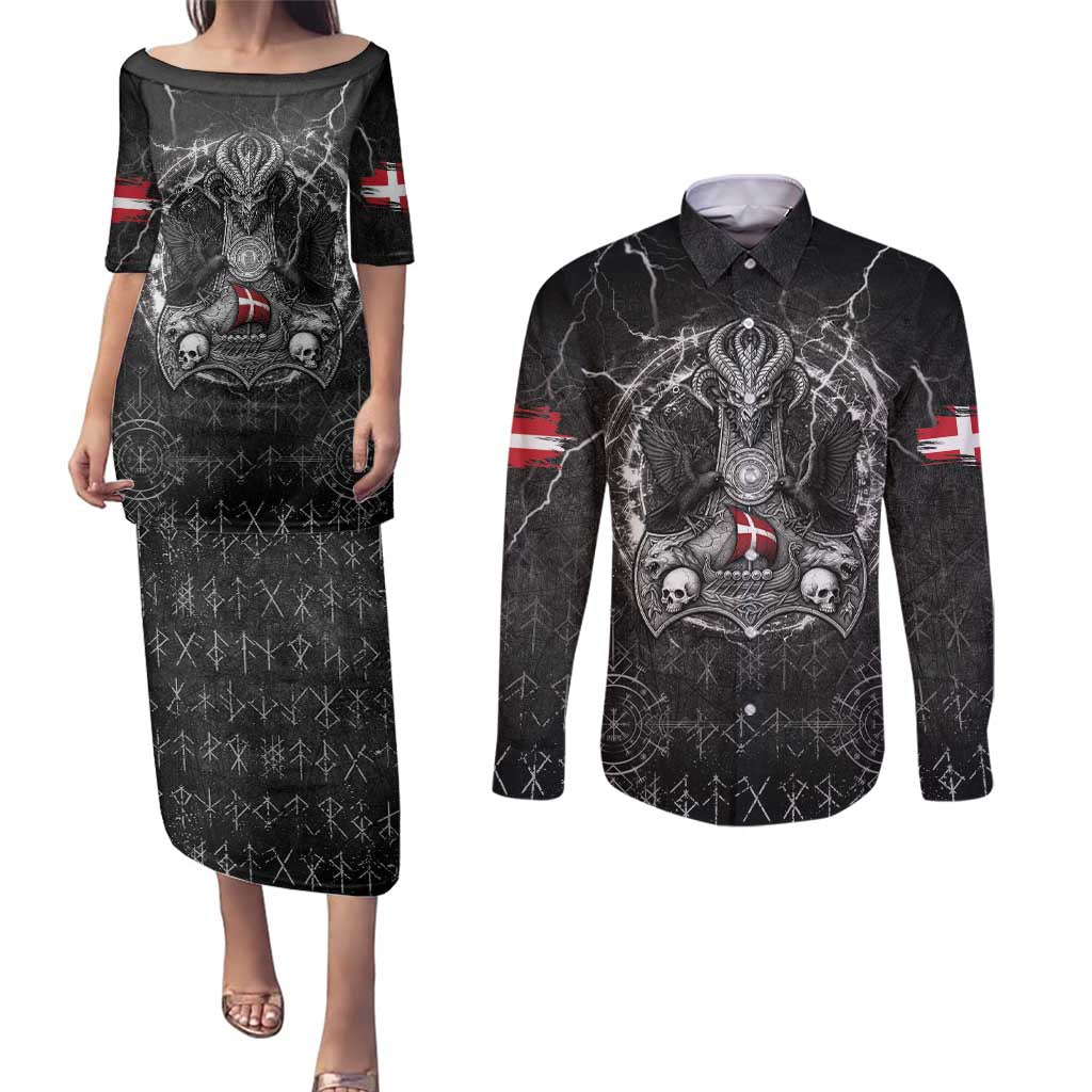 Personalized Denmark Viking Couples Matching Puletasi and Long Sleeve Button Shirt Odin's Raven Legacy - Wonder Print Shop