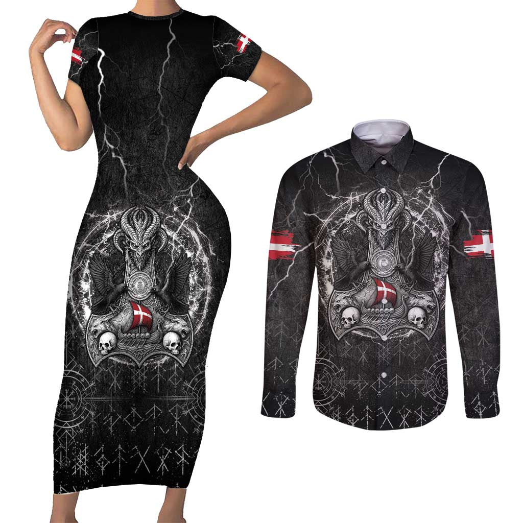 Personalized Denmark Viking Couples Matching Short Sleeve Bodycon Dress and Long Sleeve Button Shirt Odin's Raven Legacy - Wonder Print Shop