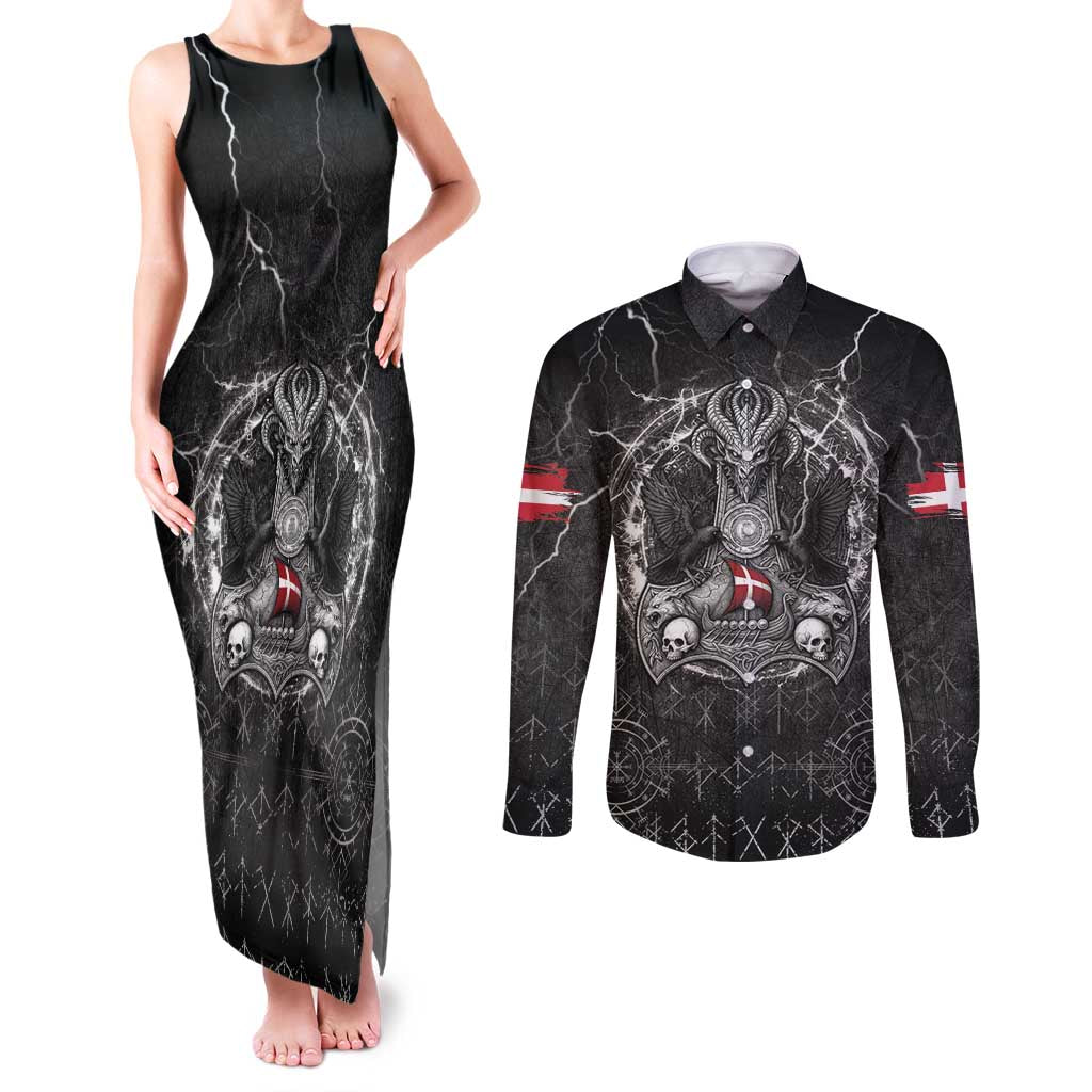 Personalized Denmark Viking Couples Matching Tank Maxi Dress and Long Sleeve Button Shirt Odin's Raven Legacy - Wonder Print Shop