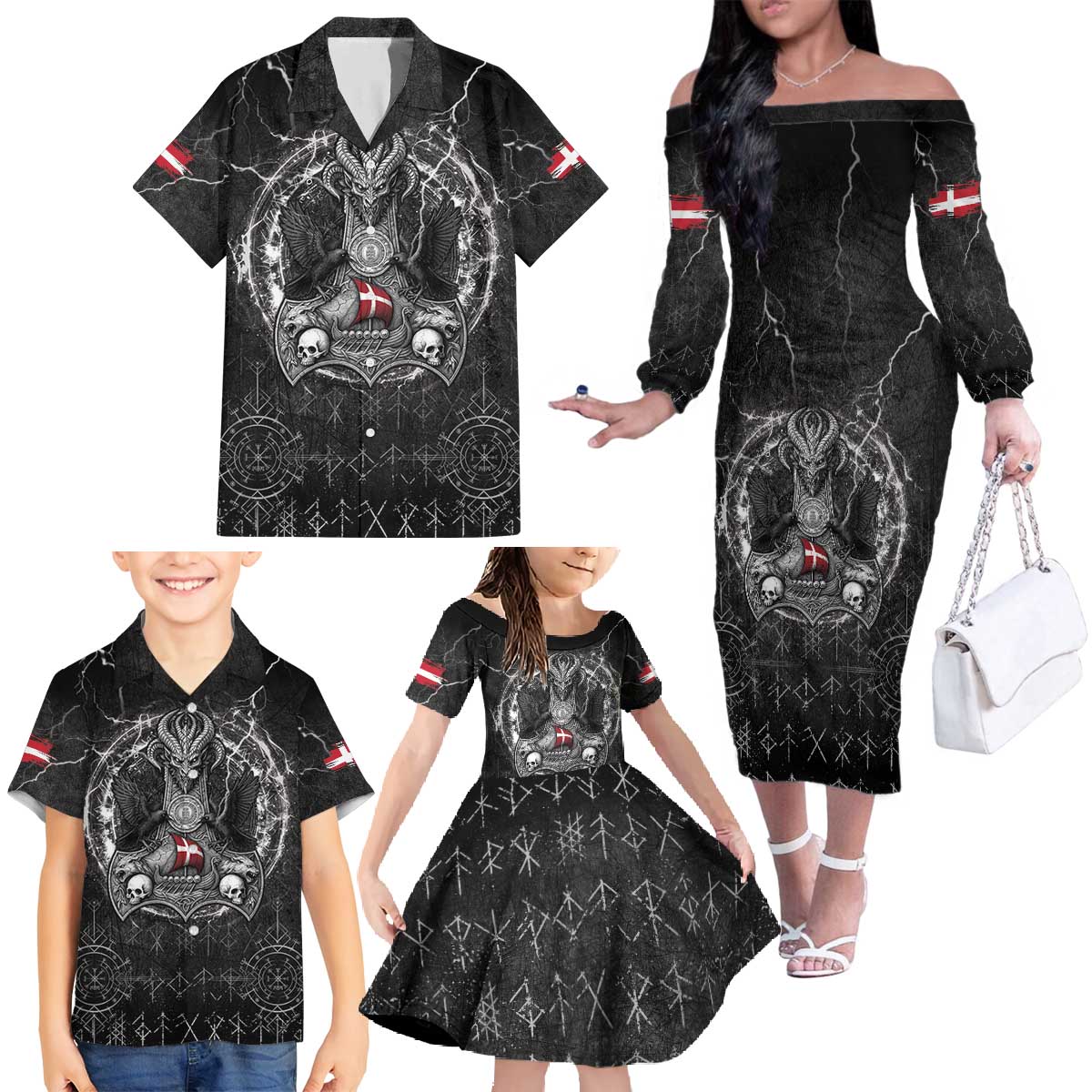 Personalized Denmark Viking Family Matching Off The Shoulder Long Sleeve Dress and Hawaiian Shirt Odin's Raven Legacy - Wonder Print Shop