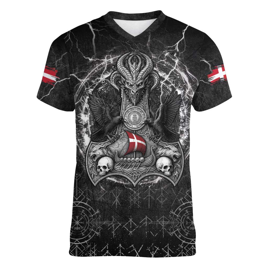 Personalized Denmark Viking Women V-Neck T-Shirt Odin's Raven Legacy - Wonder Print Shop