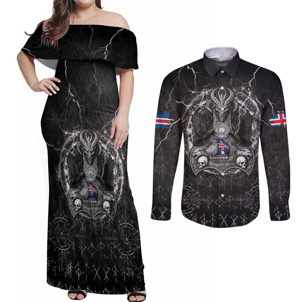 Personalized Iceland Viking Couples Matching Off Shoulder Maxi Dress and Long Sleeve Button Shirt Odin's Raven Legacy - Wonder Print Shop