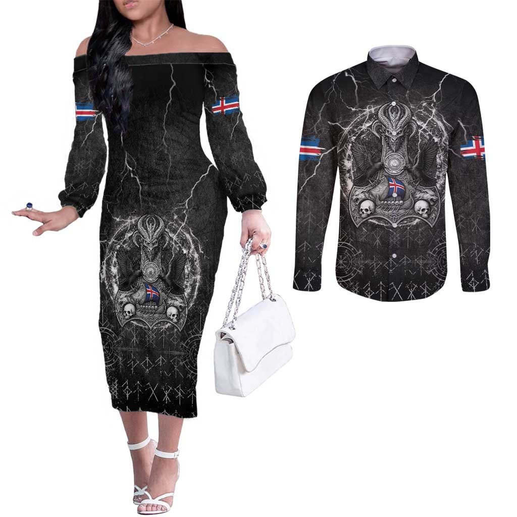 Personalized Iceland Viking Couples Matching Off The Shoulder Long Sleeve Dress and Long Sleeve Button Shirt Odin's Raven Legacy - Wonder Print Shop