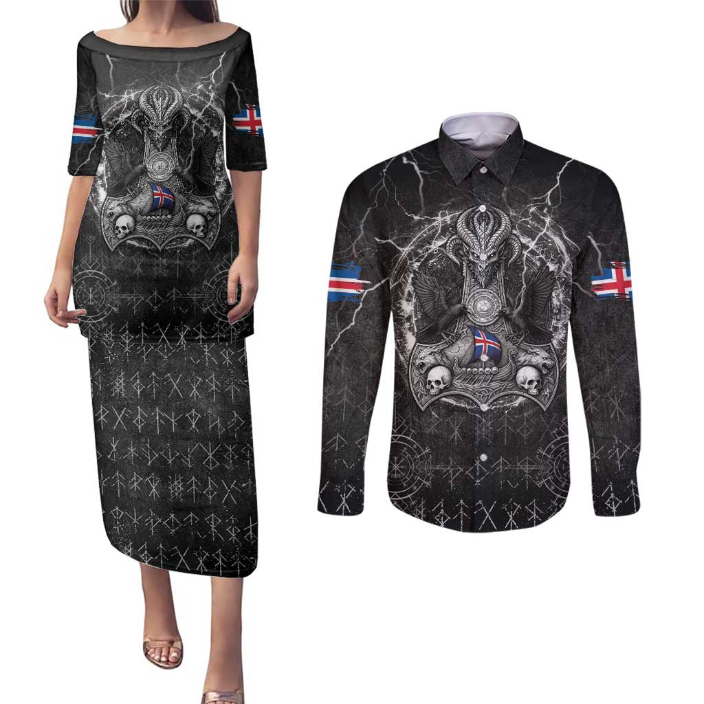 Personalized Iceland Viking Couples Matching Puletasi and Long Sleeve Button Shirt Odin's Raven Legacy - Wonder Print Shop