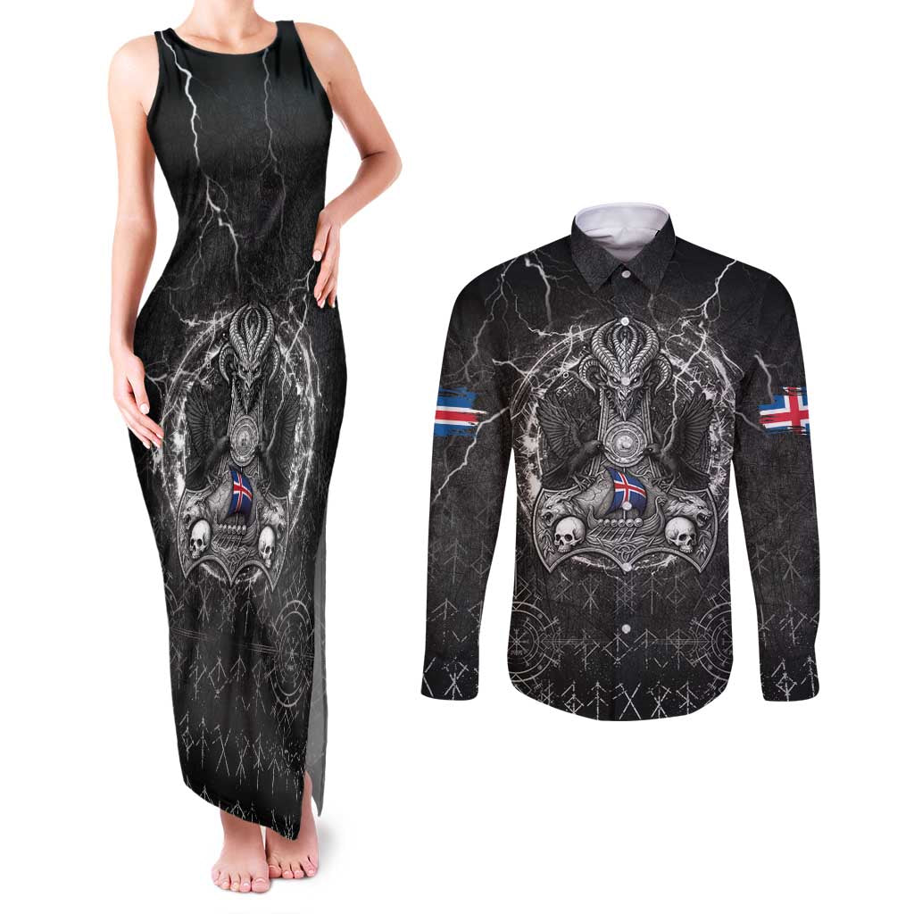 Personalized Iceland Viking Couples Matching Tank Maxi Dress and Long Sleeve Button Shirt Odin's Raven Legacy - Wonder Print Shop