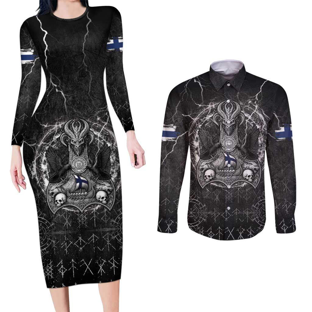 Personalized Finland Viking Couples Matching Long Sleeve Bodycon Dress and Long Sleeve Button Shirt Odin's Raven Legacy - Wonder Print Shop