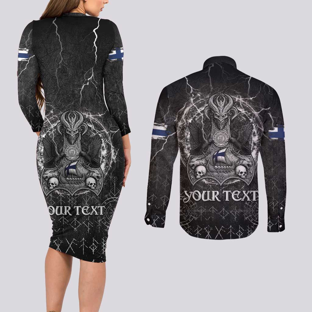 Personalized Finland Viking Couples Matching Long Sleeve Bodycon Dress and Long Sleeve Button Shirt Odin's Raven Legacy - Wonder Print Shop