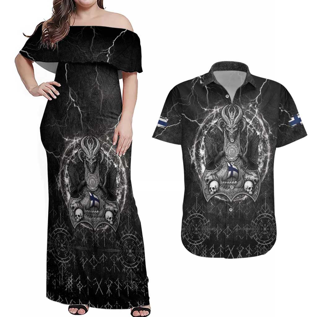 Personalized Finland Viking Couples Matching Off Shoulder Maxi Dress and Hawaiian Shirt Odin's Raven Legacy - Wonder Print Shop