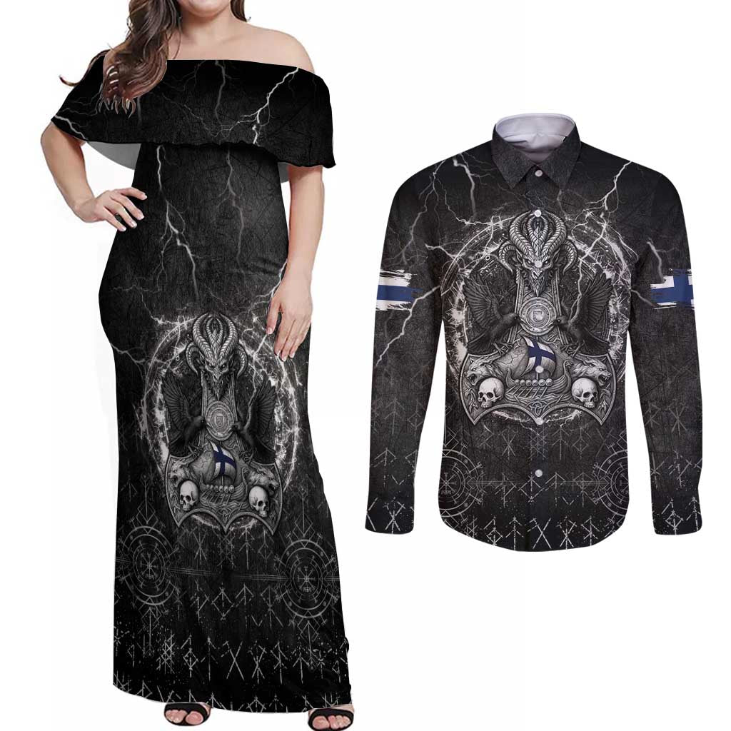 Personalized Finland Viking Couples Matching Off Shoulder Maxi Dress and Long Sleeve Button Shirt Odin's Raven Legacy - Wonder Print Shop