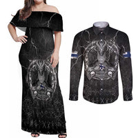 Personalized Finland Viking Couples Matching Off Shoulder Maxi Dress and Long Sleeve Button Shirt Odin's Raven Legacy - Wonder Print Shop