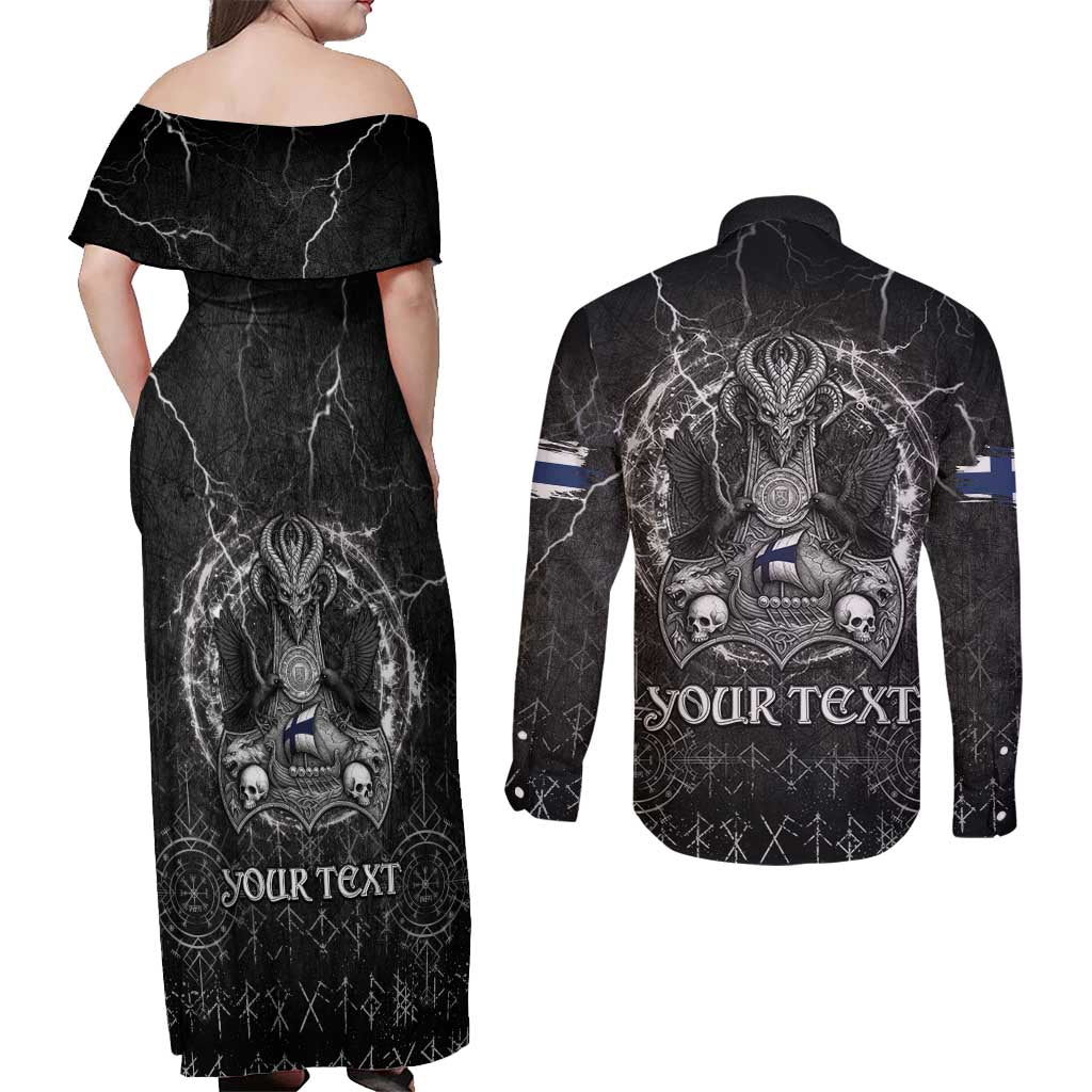 Personalized Finland Viking Couples Matching Off Shoulder Maxi Dress and Long Sleeve Button Shirt Odin's Raven Legacy - Wonder Print Shop