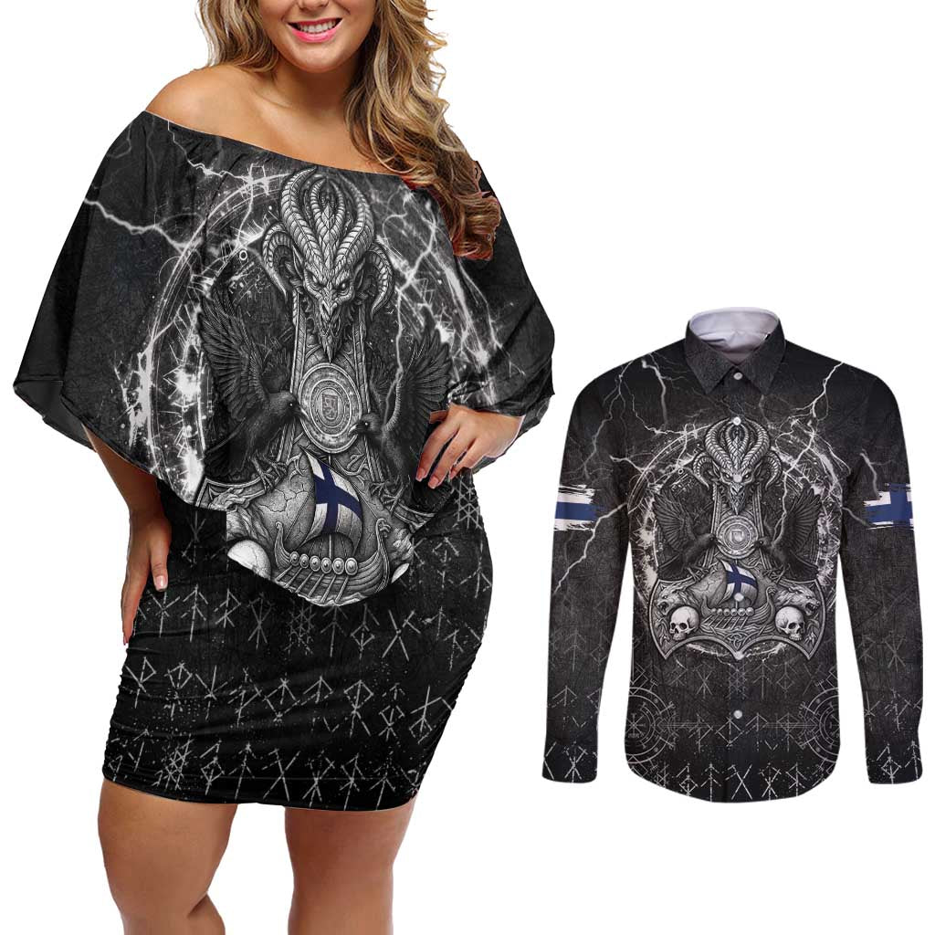Personalized Finland Viking Couples Matching Off Shoulder Short Dress and Long Sleeve Button Shirt Odin's Raven Legacy - Wonder Print Shop